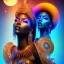 Placeholder: full body shot, masterpiece, best quality, black skinned, sparkling eyes, Cosmic africa,fluorescent skin,blue-dark makeup,synthwave, indigo, gangsta style , highly detailed body, sun light, 4K, RAW, depth of field, high contrast, realistic details, 24mm