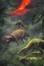 Placeholder: Jurassic park movie poster, (dinosaurs), active volcano, ash, forest, dynamic lighting, dynamic movement, panorama, wide-angled lense, DSLR, dramatic, 8k resolution concept art hyperdetailed dystopian 8k resolution holographic astral cosmic illustration mixed media by Pablo Amaringo, t-rex, stegosaurus, triceratops, allosaurus