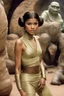 Placeholder: Zendaya in princess Leia's slave costume of the Return of the Jedi, close to Jabba the Hutt.