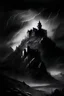 Placeholder: Dark and gritty drawing of a fortress in mountains, dark skies, towers