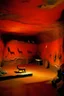 Placeholder: An orangish red secret lair in a magma filled volcano designed in Lascaux cave paintings painted by John Brack