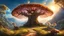 Placeholder: A dreamy landscape with mushrooms and a old, huge tree in the center. Fantasy roads of light going towards the tree. The sun is going down behind the tree. Mountains in the background. Digital Art, Masterpiece. Fantasy. Dream. Dreamy. Surreal.