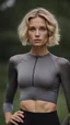 Placeholder: photography of a beautiful anorexic woman, grey satin triathlon top, sports illustrated, blond short wavy bob haircut, pronounced sternum, flat chest, anthracite cycling leggins