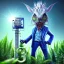 Placeholder: mad scientist with blue eyes standing by cell tower overgrown with plants, spray paint art 3d