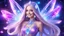 Placeholder: beautiful bright fairy cosmic women with cosmic long straight hair, crystal jewel and dressed with a magic crystal suit. she has light make up and a sweety smile.