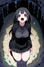 Placeholder: Closeup anime Girl goth with big eyes, fullbody, ragged clothes, slime rain, the perspective looking up from the bottom of an empty well, rolling eyes, tongue out, saliva drip, open mouth,