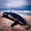 Placeholder: photograph of beautiful sperm whale washed up on shore, face view, lifeless, debris, foamy wave, sand, rock, 8k resolution, high-quality, fine-detail, detailed matte, photography, illustration, digital art, Jeanloup Sieff, Moe Zoyari, Marc Adamus, Ann Prochilo, Romain Veillon