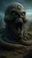 Placeholder: A big statue of a head in the sand huge mouth open and out of it a lot of snakes and spidrs,surrealism of the dark of a nightmare ten miles high and six foot deep, hyper photorealistic, hyper detailed dark art color, high resolution, fog, octane render, tilt shift, HDRI Environment, all pictures dark gray