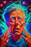 Placeholder: Busch painting style A big scary face covering his ears with both hands out of A nightmare from light." Stars are holes in the fabric of reality, from which a blinding, painful light pours. Nebulae resemble phantasmagorical visions.