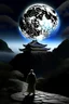 Placeholder: THE MOON HIDDEN SHADOWY FIGURESat the temple on the mountain meeting big brother STYLE OF HIROKU OGAI