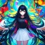 Placeholder: Clear focus, high resolution, black long fluffy hair, red eyes, wearing a colorful outfit with a white short skirt, doing a evil smile, Style Vtuber, Colorful