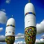 Placeholder: A white sky with puffy cloud shaped airships designed in Pacific Northwest totem poles painted by Georges Seurat