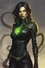 Placeholder: a female humanoid snake, dungeons and dragons, wearing a black leather armor, green scales, yellow eyes