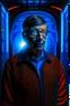 Placeholder: bill gates with a dna patent in the style of giger, spray paint, photo realism, trending on art station, 8k, depth of field, down light, light rays, volumetric, white hall in spaceship, blue, brown and orange