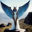 Placeholder: [a 35mm film photography: futuristic tableau of divine proportions.] At the cliff's edge, a woman of unearthly beauty and power stood, her alien features captivating all who beheld her. Adorned with four eyes and four wings, she exuded a mystical aura that defied mortal understanding. With skin as pure as the cosmos, she radiated an ethereal light, embodying the essence of divinity. In her four arms, she held the balance of creation and destruction, a deity poised at the threshold of possibility