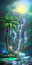 Placeholder: turquoise neon waterfall with palm trees sparkling at night in a cave detailed realistic glowing