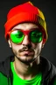 Placeholder: A yung caucasian shaved man with huge black sun glasses wearing a green winter hat, and a red t-shirt