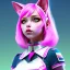 Placeholder: waitress teenager, cat ears latex headband, rounded face, pink short hair, pink makeup, striped shirt, vibrant color, highly detailed, gradient background, concept art, smooth, 16 bit, unreal engine 5, god rays, ray tracing, RTX, lumen lighting, ultra detail, volumetric lighting, 3d, finely drawn, high definition, high resolution.