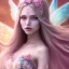 Placeholder: beautiful, soft, big smile face, whole head, long straight blonde hair blues eyes, crown on the head, clothing in transparent bluish and pink veil,fairy wings on the back, background brillante bluish and pink, hight definition, 8K