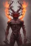 Placeholder: Full body photography of ethereal ANGRY DEMON , Fire theme art, Dark moody night atmosphere, by Michelangelo, 8K, high body details, anatomically perfect body, oak tree roots, purple, red, armed with guns ,