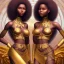 Placeholder: Female angelic African American Twins, black skin, tall and slender, long afro kinky hair,big brown eyes, long eyelashes warrior wear. Big butts. Gold accents on clothing. Surround by trees. Holding golden spears. Starry night