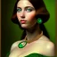 Placeholder: oil Portrait of a Brunette beautiful busty voluptous adult woman with emeralds necklace with big Green sad eyes looking to viewer by GRANT WOOD Ingres 8k