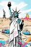 Placeholder: up-close digital image of the statue of liberty, covered in graffiti , holding a cellphone and taking a selfie while smiling,a Louis Vuitton bag over shoulder, standing alone In a deserted desert