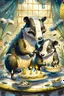 Placeholder: (fairy tale badger adult and little badger junior, animal by Monge)) an insanely beautiful smiling badger, extremely fine detailed fluffy fur, shining smiling eyes very well shabby chick dressed is baking a birthday cake with many light candles together with the smiling little badger, fine detailed fluffy fur, shining eyes shabby chick dressed in his kitchen with many pots: Background kitchen as in a cave, anatomically correct, flawless, full body shot, complete figure, by Monge, by Potter, by D