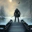 Placeholder: fantasy art, book cover, big wolf in front of the ebony stairs of a bridge or dam ,icy water, on the bridge is a wolf, there is also a hawk