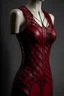 Placeholder: Dark red leather long dress, 3D printing, tight corset, sleeveless, inspired by fractals in geometry.