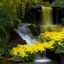 Placeholder: A small waterfall surrounded with yellow flowers and bushes