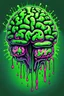 Placeholder: Vintage illustration of a slimey green brain melting, cartoonist animation style, hand drawn, neon lighting, gross art, pop punk, 90s anime inspired, airbrushing, post modern, horror cut, gradient chrome abberations, retro weird drawings, alien brain matter, blood spatter , scifi punk