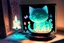 Placeholder: a cute chibi cat watching fappily a bioluminescent stained glass tyffany lamp on a wooden nightstand