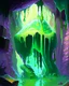 Placeholder: a slimy dripping gelatinous cube in vast cavern room painterly