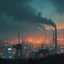 Placeholder: en framtidsvision med industri, robotar och en överhypad storstad, neon och rök, smog från stora industrier i bakgrunden som ryker från skorstenar, öde landskap, dystopi, simon stålenhag style