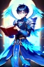 Placeholder: a person in runic armor with blue wings, blue short hair, runic tattoo and spell book, male