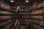 Placeholder: full-height shot of a young witch in a tight black short skirt, inside a large magic shop, shelving, bottles, windows