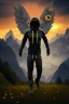 Placeholder: running alien portrait , black jogging suite , in the sunset Alps, golden light , holding leaves and flowers , angels background, volumetric light, high detail, dark leaf tree, dark mountains in background, perfect