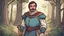 Placeholder: cartoon style, line art, color shaded, Tom Selleck in medieval clothing in the forest