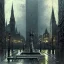 Placeholder: Square with fountain , Gotham city,Neogothic architecture, by Jeremy mann, point perspective,intricate detailed, strong lines, John atkinson Grimshaw,pipes, chimneys