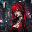 Placeholder: Darksynth,horror,Judy Alvarez,anime cyberpunk girl, eye shadows, arasuka, cyberpunk night city, piercing, gang tatto, red hair