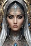 Placeholder: Length picture photography realistic full body of young iranian woman hijab, beautiful, shiny hard eyes, make up, Fantasy style, ornate, large gemstones, shiny molten metalics, shiny wire filigree, silver hair, high definition, high res, octane render