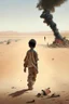 Placeholder: A 25-year-old wounded boy is walking in the desert with his head down, smoking a cigarette, and the scene of destruction is happening behind him