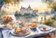 Placeholder: Brunch breakfast on an elegant table in the garden in the background, Castle on the Loire, lake, reflection, sunrise, Misty morning smooth intricate high definition beautiful lighting hard marker pen strokes, watercolor polished warm light