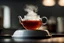 Placeholder: macrophoto taken FROM an inside perspective WITHIN a teapot, just above the surface of the steaming hot tea, volumetric light