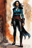 Placeholder: Create a fine art print , illustration of an epic fantasy Lankhmar female thief character slim in stature, with shoulder length hair, finely lined and detailed facial features, in an fur collared leather doublet and breeches , a short oriental cloth belt at the waist, stealthy soft leather slippers, , in the comic book style of Bill Sienkiewicz, Howard Chaykin, Mike Mignola, Philippe Druillet, and Jean Giraud Moebius, precisely drawn, colored and inked, otherworldly, dark, mysterious