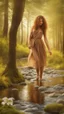 Placeholder: a very beautiful lady curly hair, walks in the forest with a narrow river with clean water and nice rocks on floor. The trees and wild flowers .