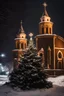 Placeholder: magical Christmas tree in the snow against the backdrop of an Orthodox church at night in winter