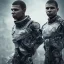 Placeholder: kylian mbappe and lionel messi perfect face and portrait post-apocalypse perfect cyborgs in a cyberpunk city, sci-fi fantasy style, 8k,dark