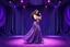 Placeholder: modern stage with gray-dark purple blueish violet theme artistic decoration , color full dynamic lighting, a beautiful lady in maxi dress with shining silver jewels ,curvy long hair,dancing, 3D recursive fractal structure animating background